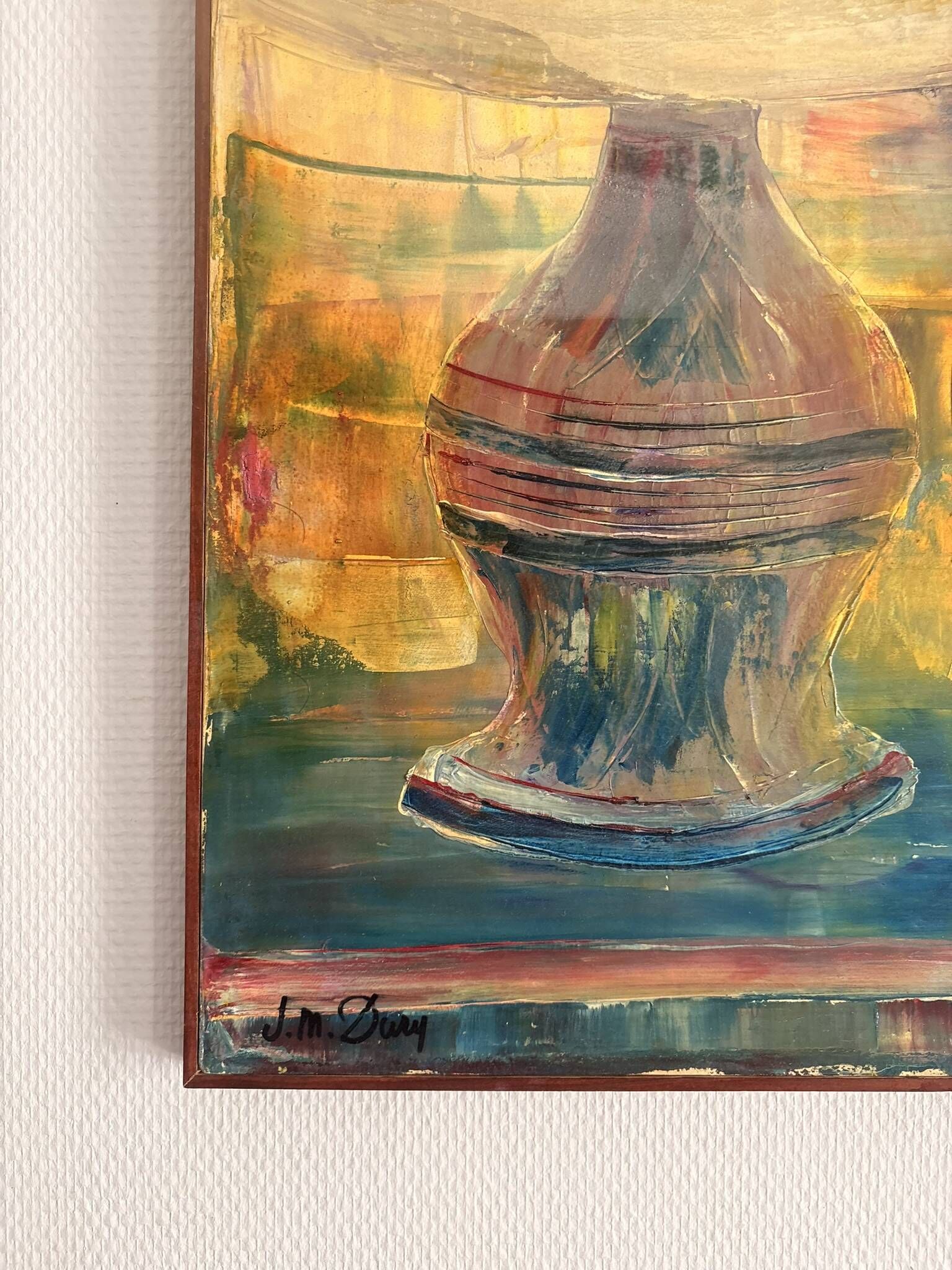 Old Oil Painting Canvas Still Life Lamp Book Modernist