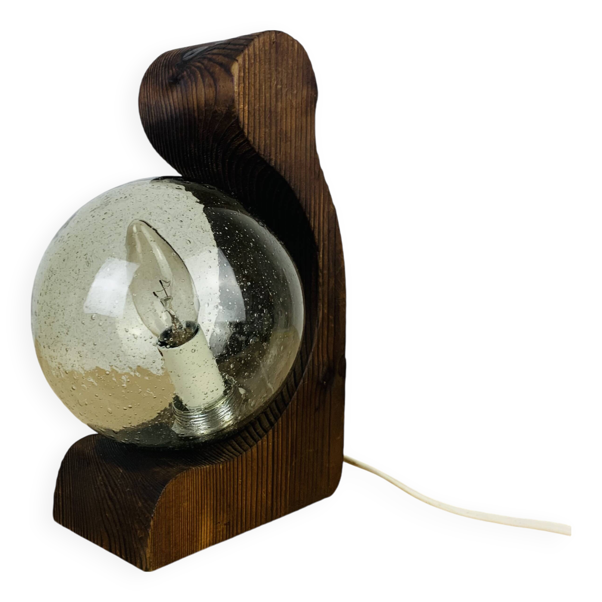 Brutalist lamp Temde Leuchten 1970s pine and glass globe