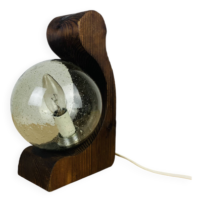 Lampe brutaliste Temde Leucthen années 70 pin et globe verre