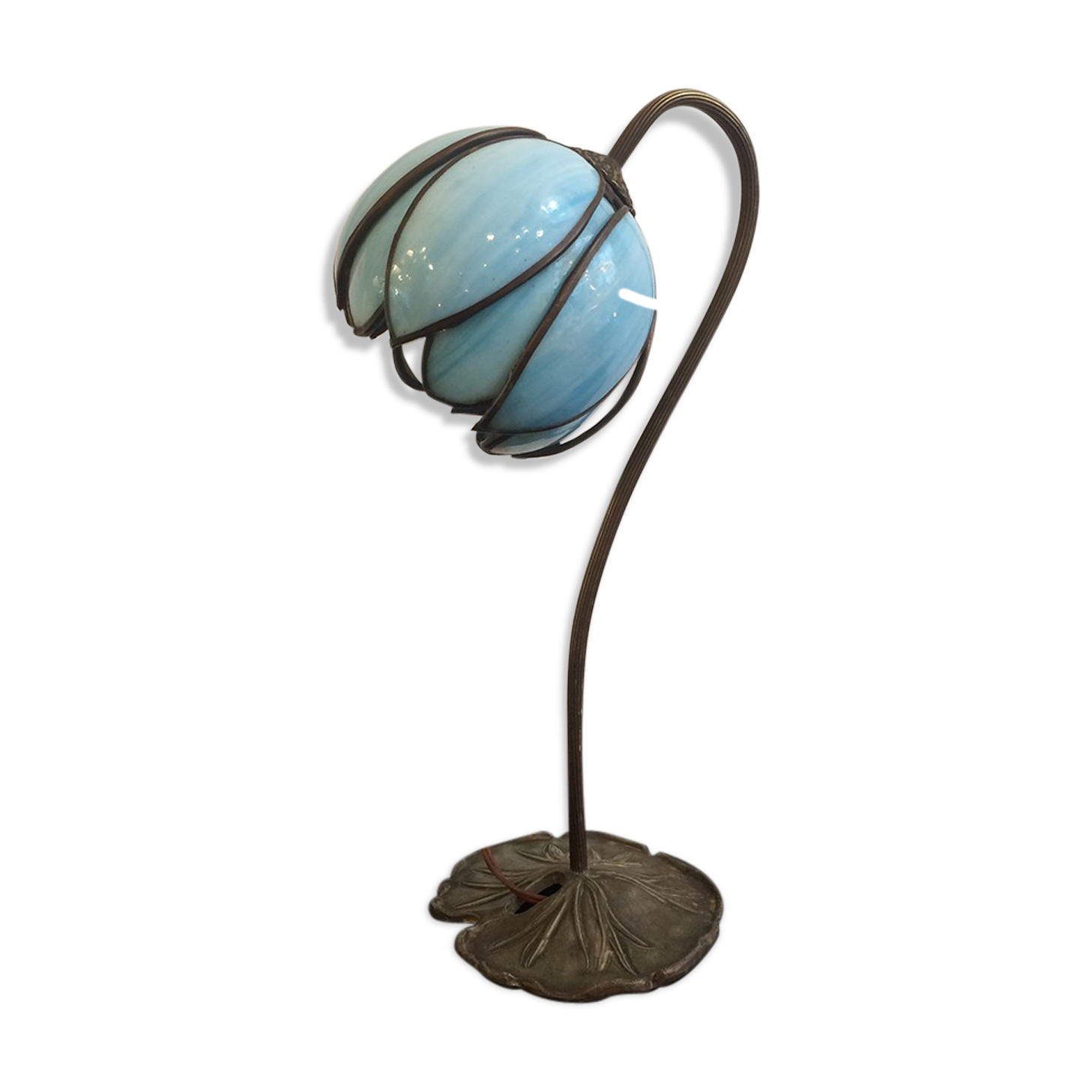 Art deco lamp bronze foot, blue glass flower globe