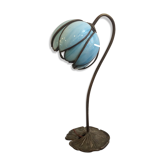 Art deco lamp bronze foot, blue glass flower globe