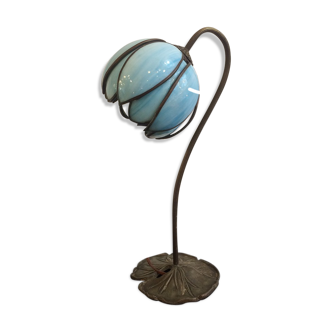Art deco lamp bronze foot, blue glass flower globe