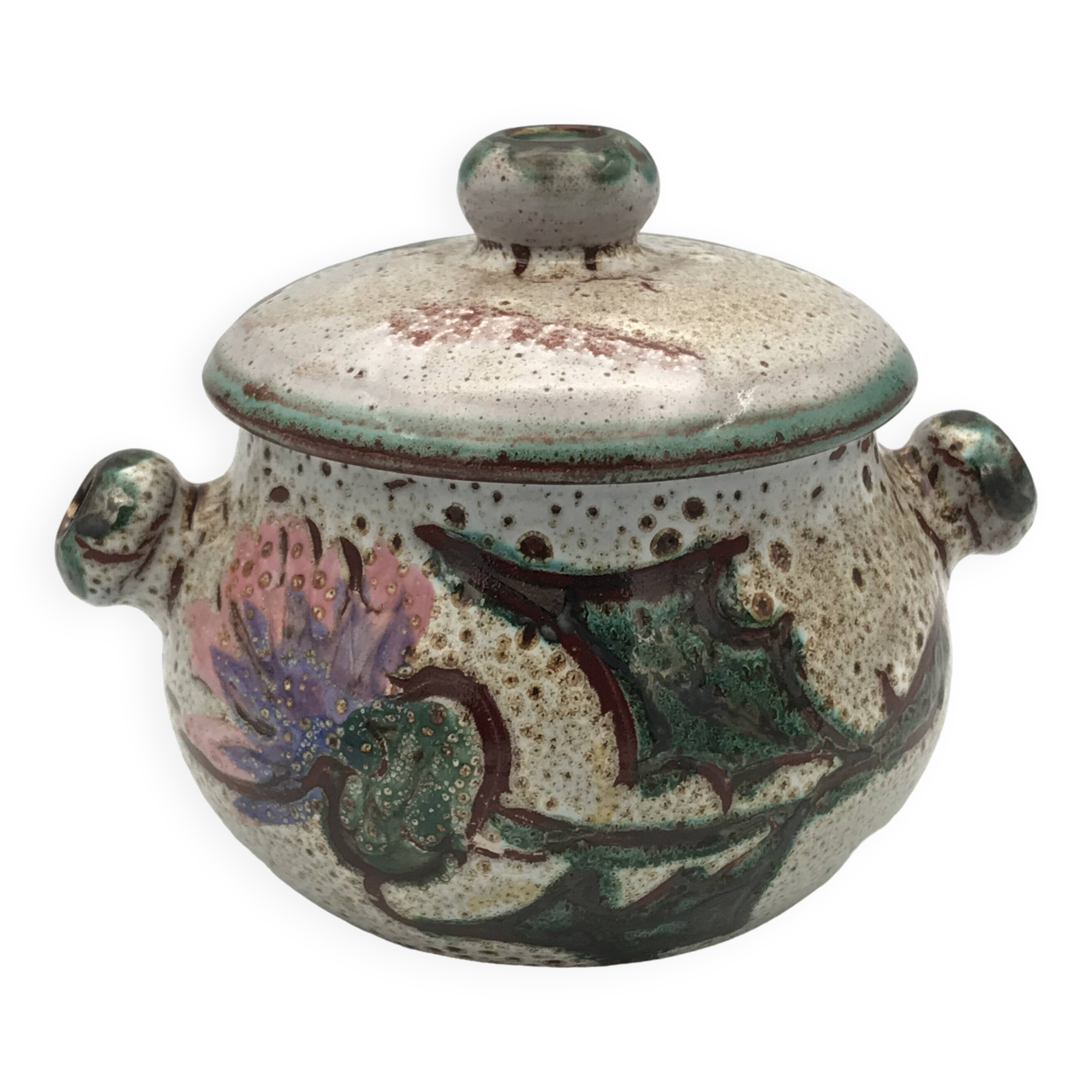 Vintage candy jar in enameled ceramic from Vallauris with thistle decoration