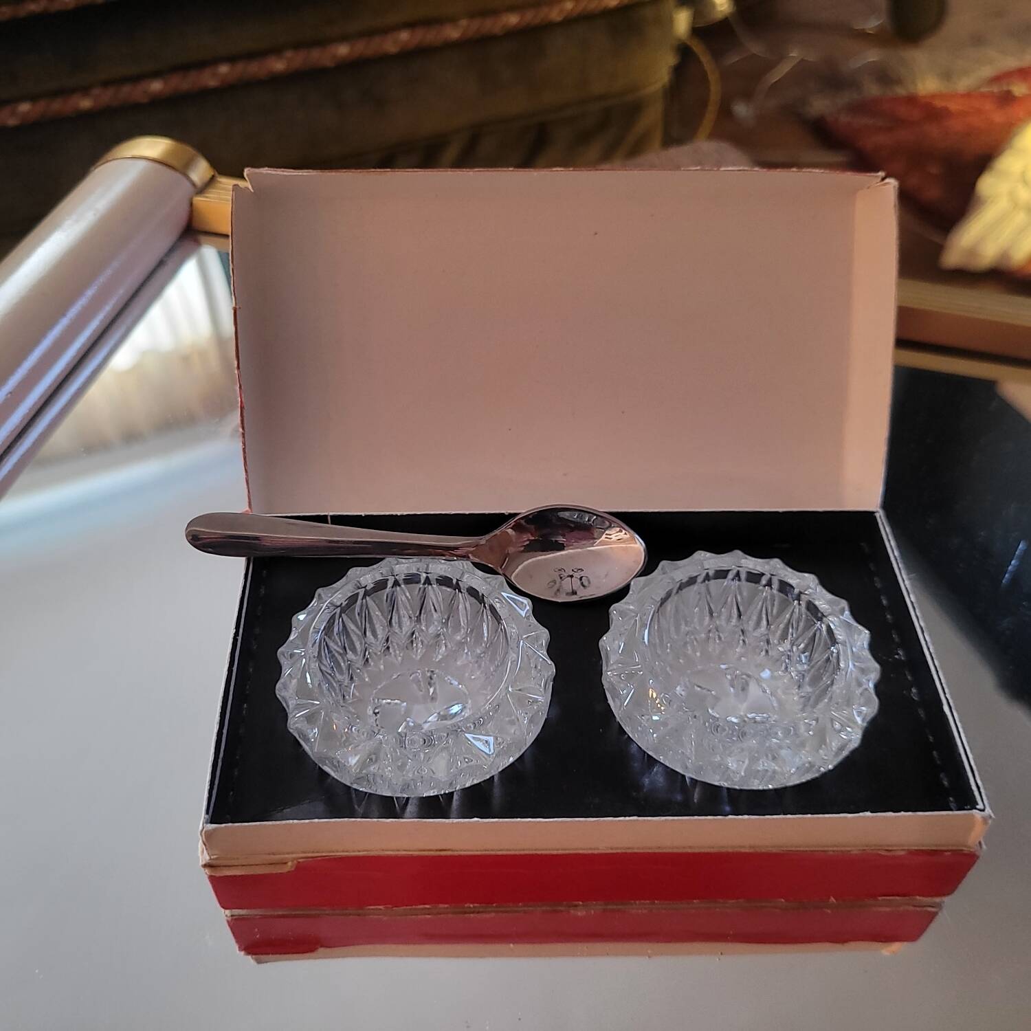 Pair of crystal glass table salt shakers - Circa 1950