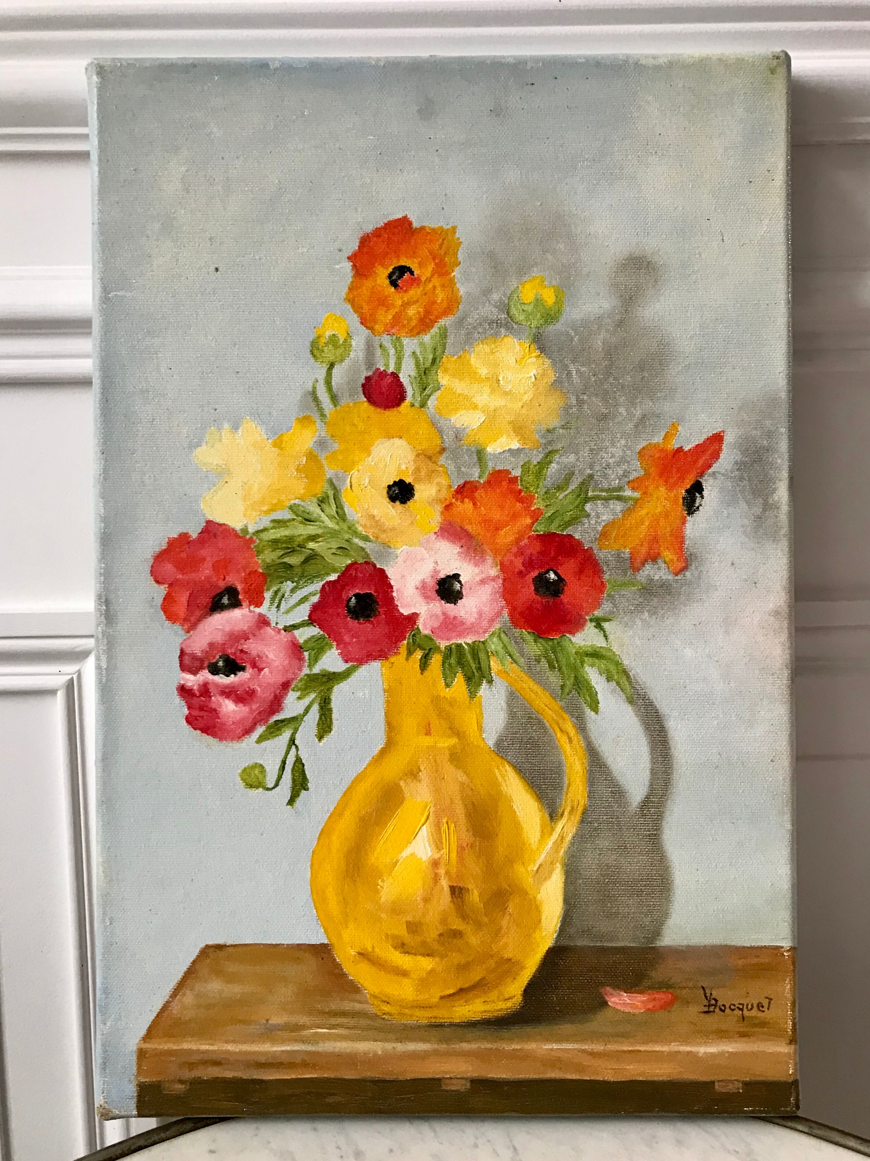Tableau huile sur toile bouquet de fleurs vintage