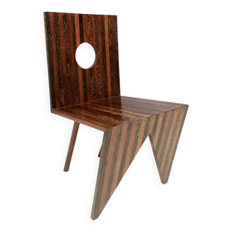 Postmodern Handmade Geometrical Solid Beech and Walnut Side Chair, Italy 1980s