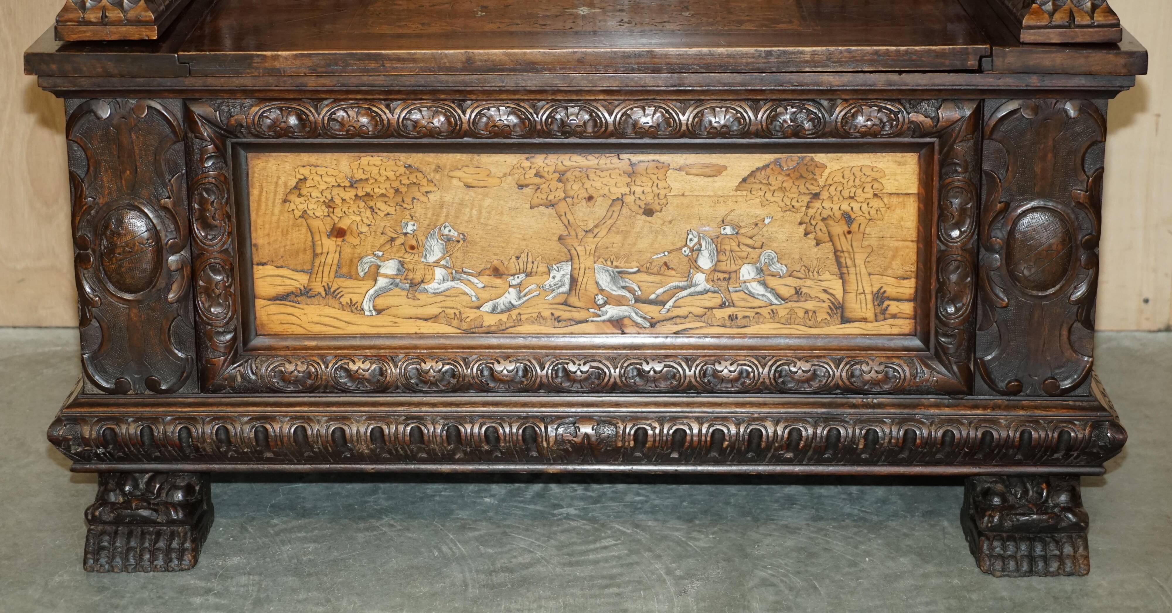 Banc Monks Antique Sculpté Lion Griffon 1860 avec Rangement