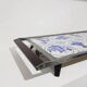 Heating plate, blue and white ceramic, brown rosewood, black metal, Germany, 1970s.