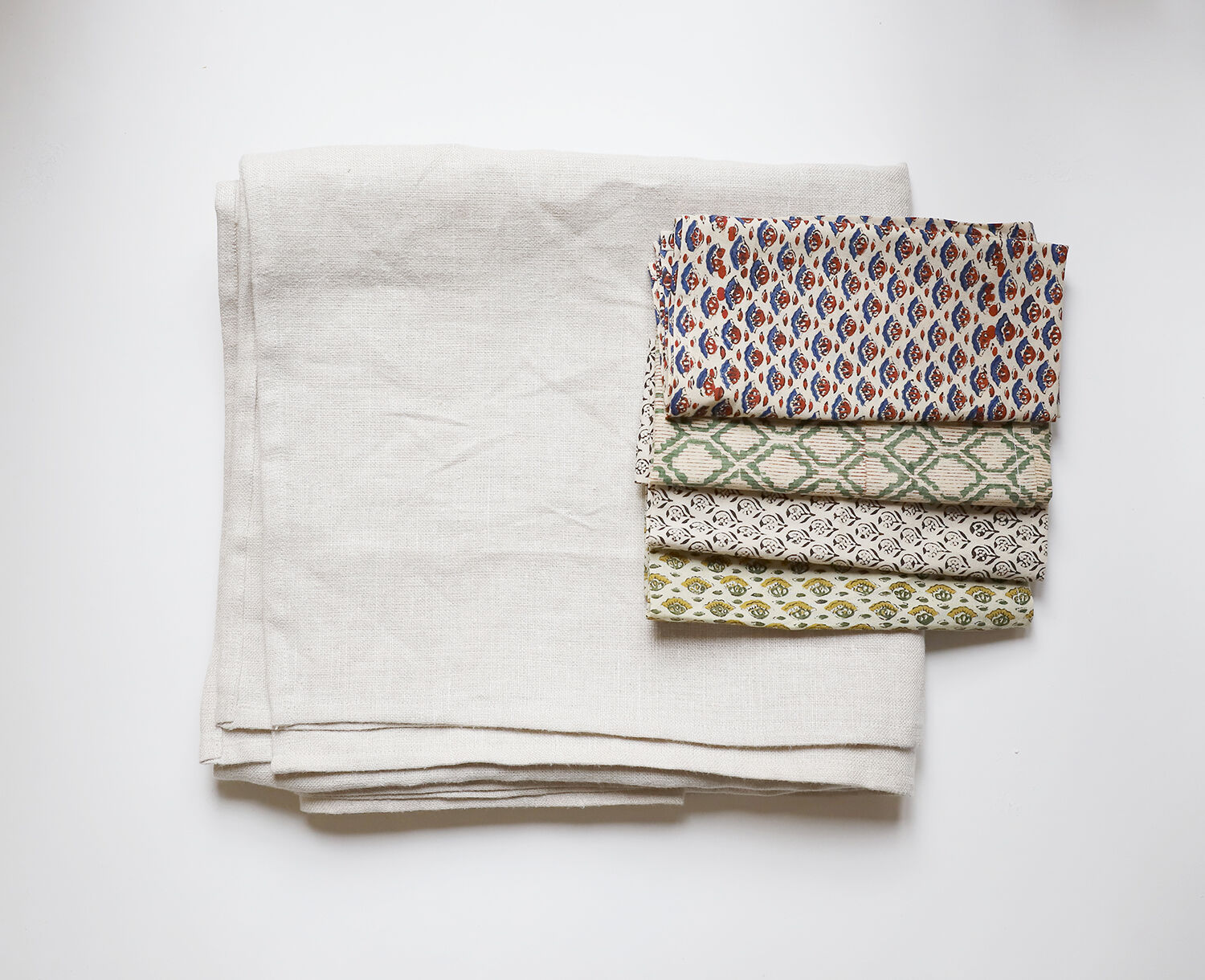 Tablecloth and linen towels upcycled mismatched patterns