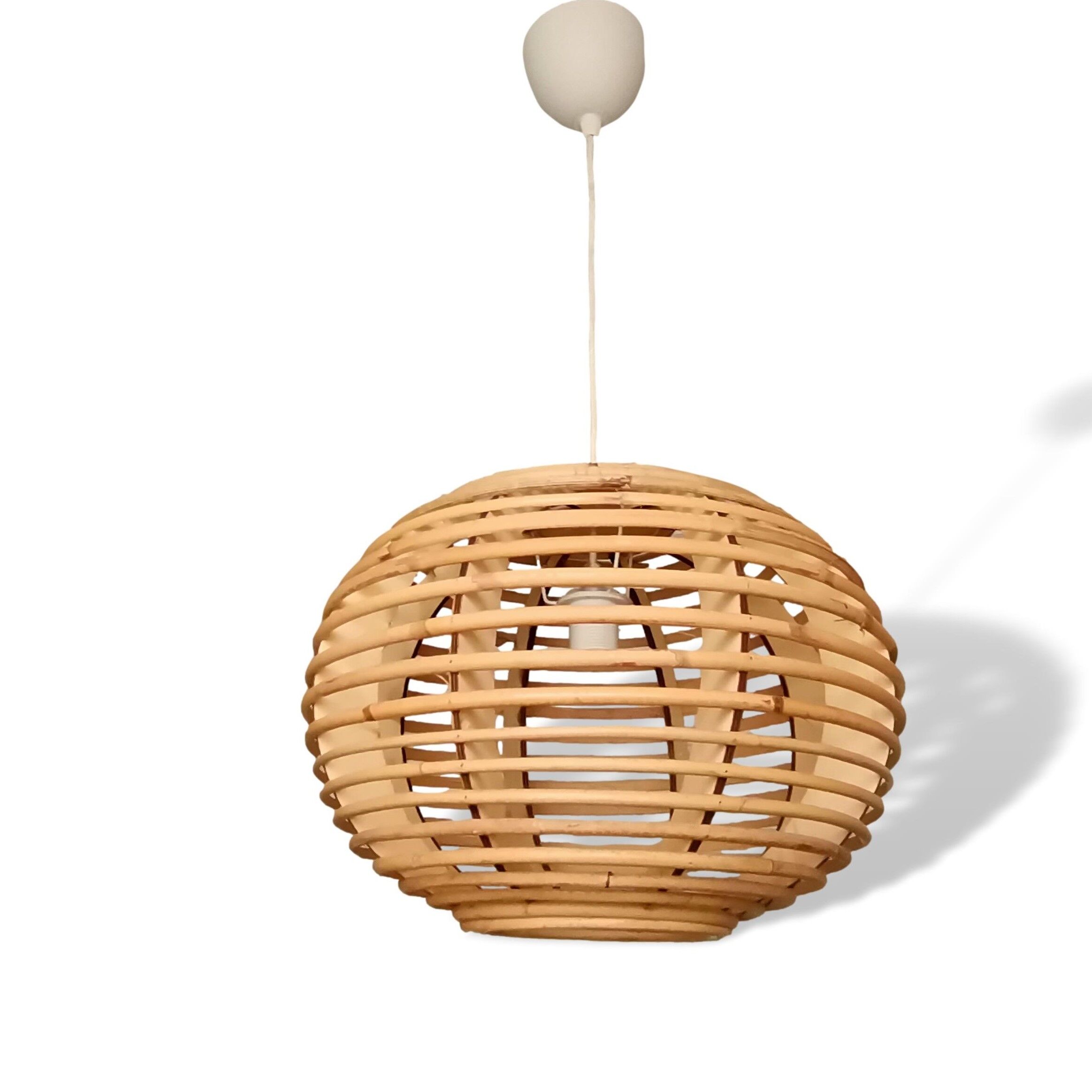 Portuguese mid century modern beige bamboo hanging lamp 1960s