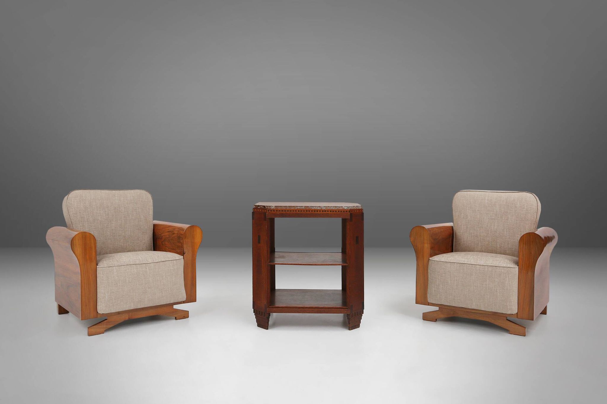 A set of 2 beautiful made Art Deco armchairs with grey upholstery, France, 1930