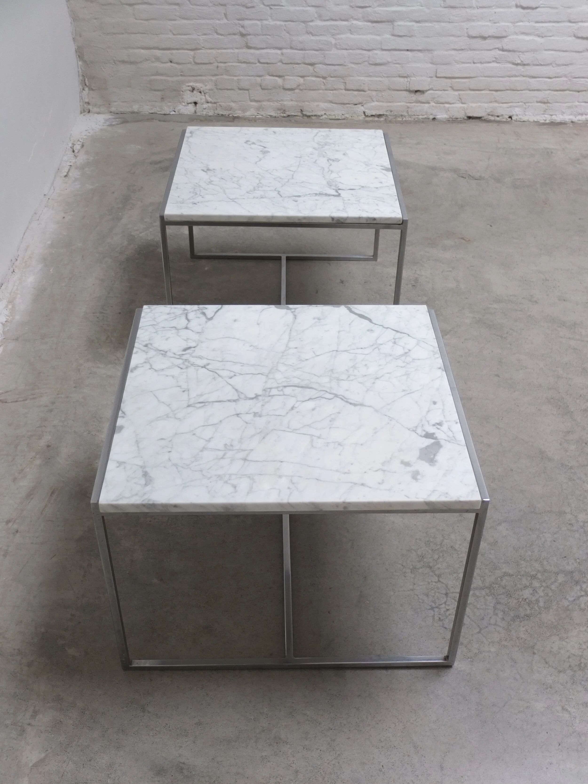 Pair of Carrara marble & chrome coffee or side tables, 1970s