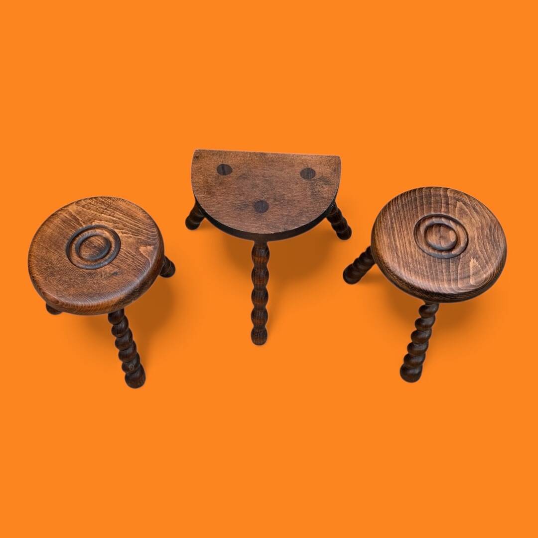 3 vintage turned wood stools