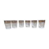 6 clear liquor glasses with golden edict