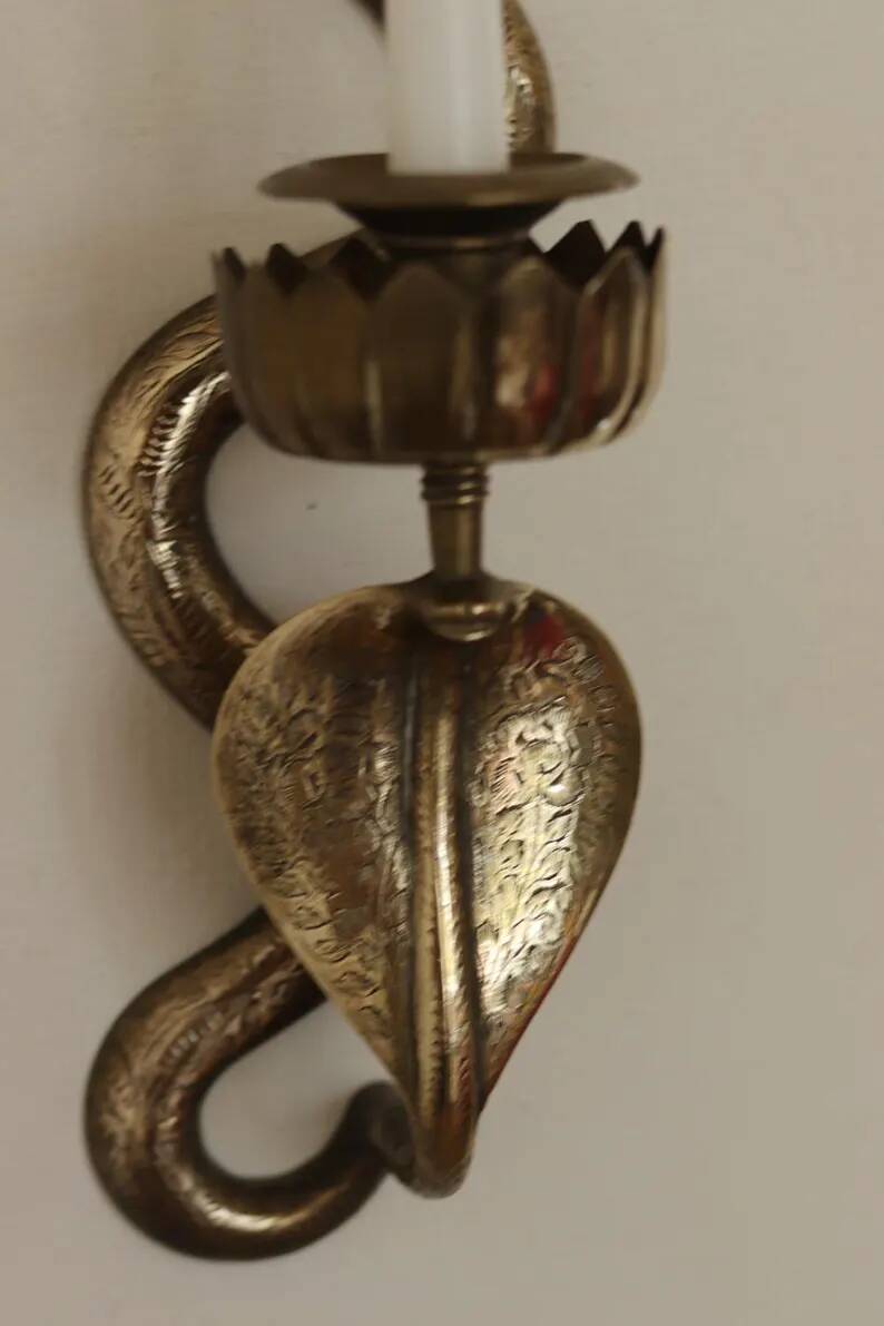 Pair of Egyptian Revival Style Engraved Brass Cobra Sconces
