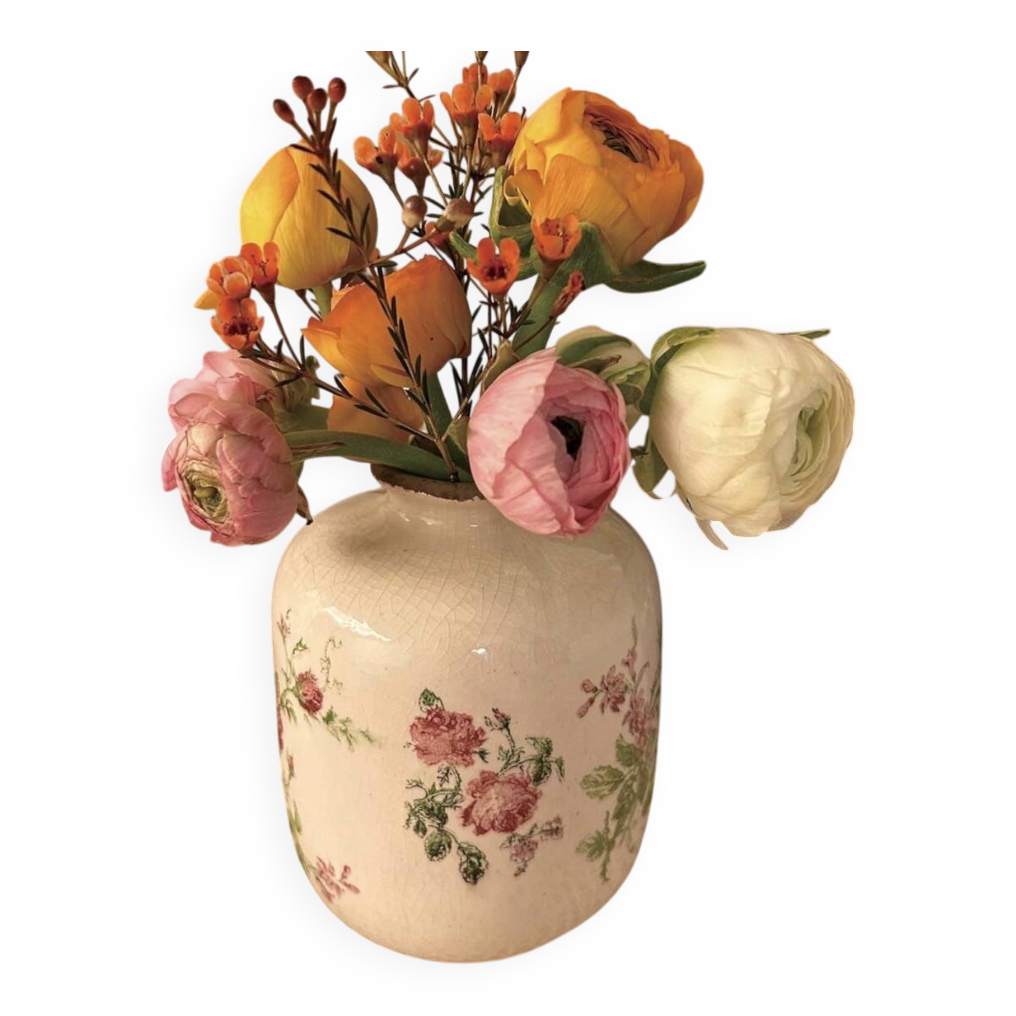 Cracked earthenware vase – Floral rose decoration – Transferware style