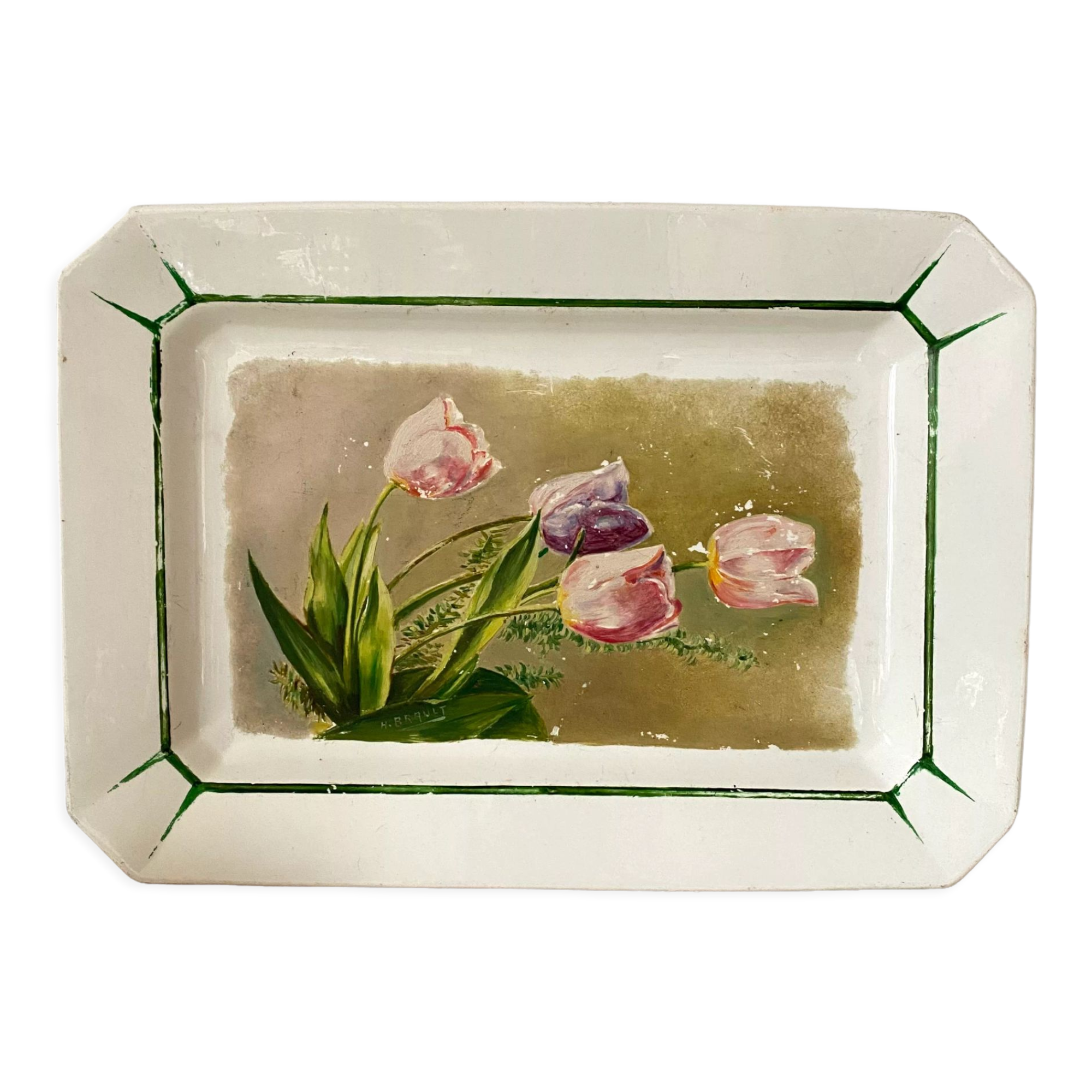 Antique decorative dish with painted flowers, signed