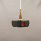 Swedish hanging lamp, in dark green lacquered metal with red glass prisms and brass top/suspension.