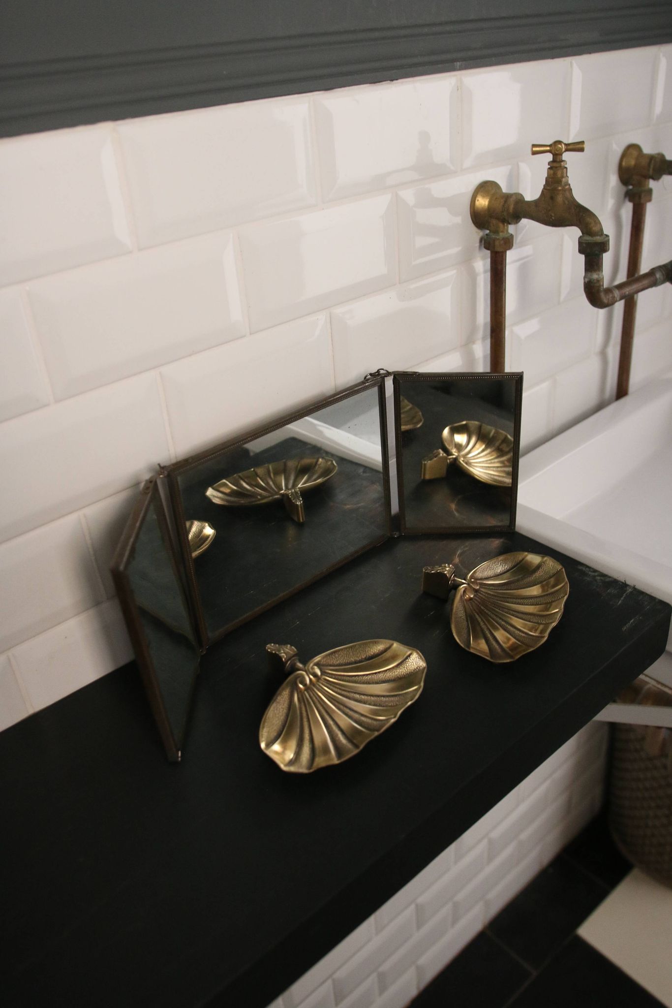 Antique barber triptych mirror, Art Nouveau, circa 1900