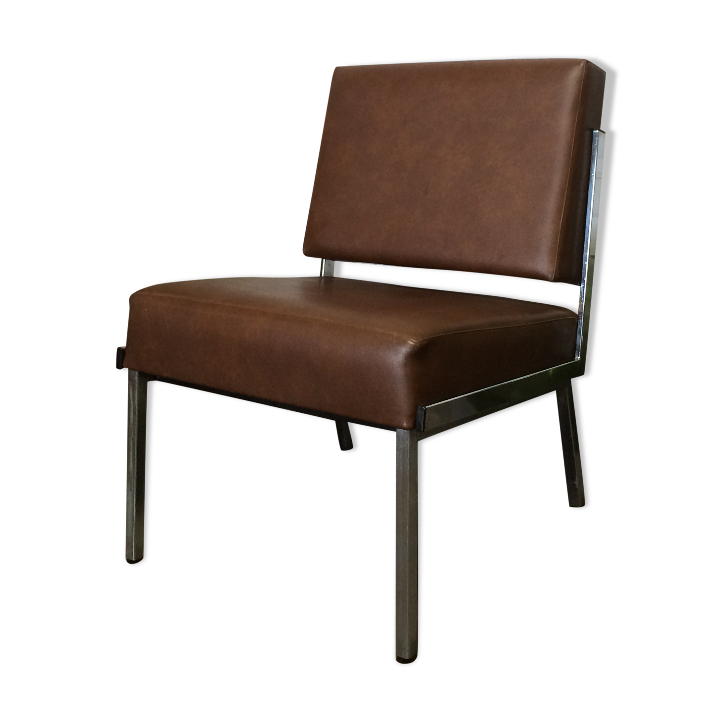 Modernist fireside chair / vintage chrome and skai armchair