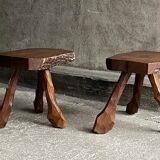 Pair of tripod stools in solid oak, France 1940s
