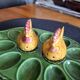 Earthenware egg dish with chicken-shaped salt and pepper shakers