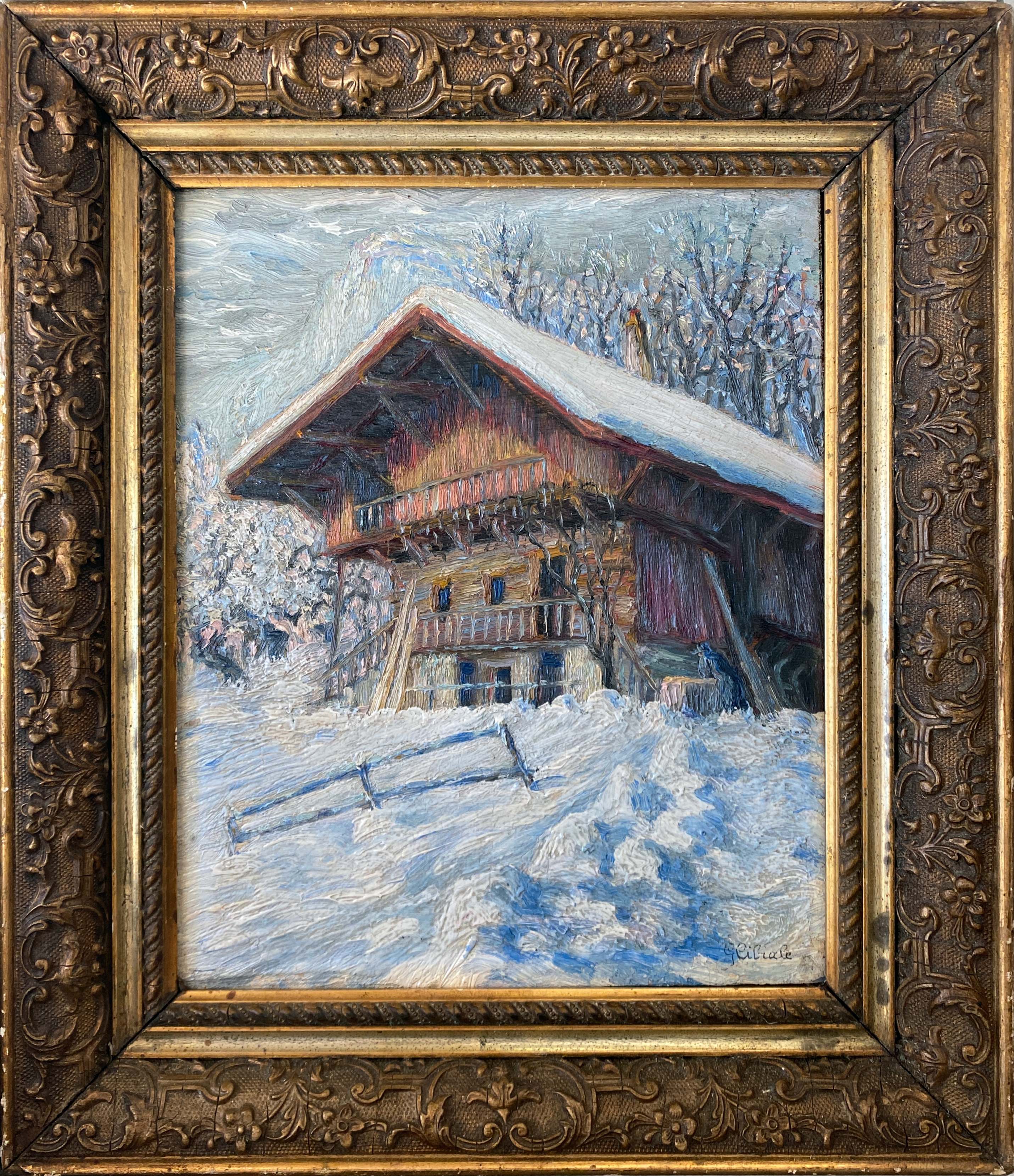HSP painting "winter landscape - snowy chalet" signed G. Cibiale + frame
