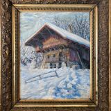 HSP painting "winter landscape - snowy chalet" signed G. Cibiale + frame