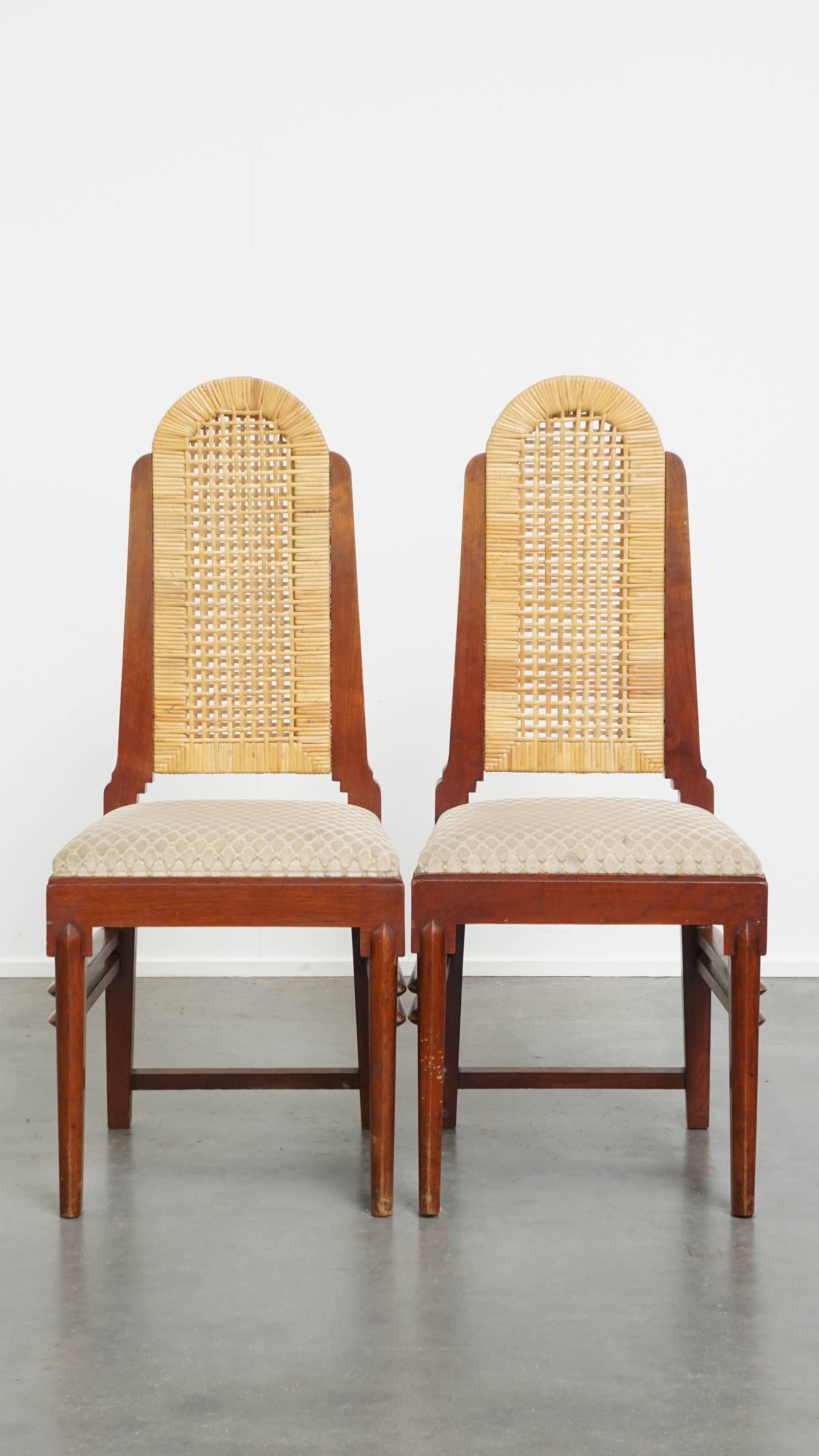 Set of 2 Wooden Art Deco Dining Chairs with Woven Cane Seat and Backrest