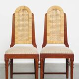 Set of 2 Wooden Art Deco Dining Chairs with Woven Cane Seat and Backrest