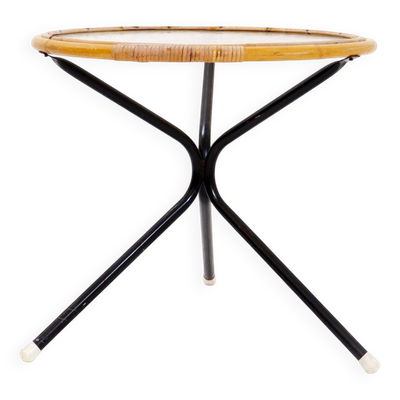 Table d'appoint milieu du siècle en bambou, métal et verre - Pays-Bas années 1960