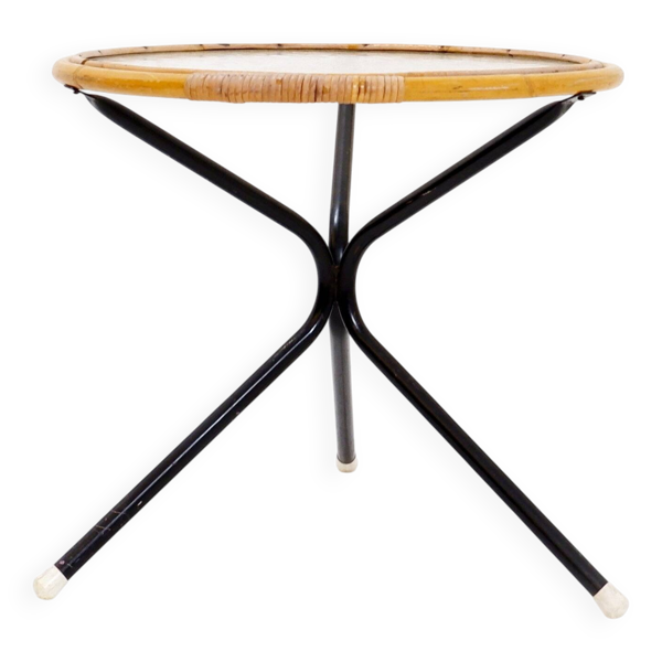 Table d'appoint milieu du siècle en bambou, métal et verre - Pays-Bas années 1960