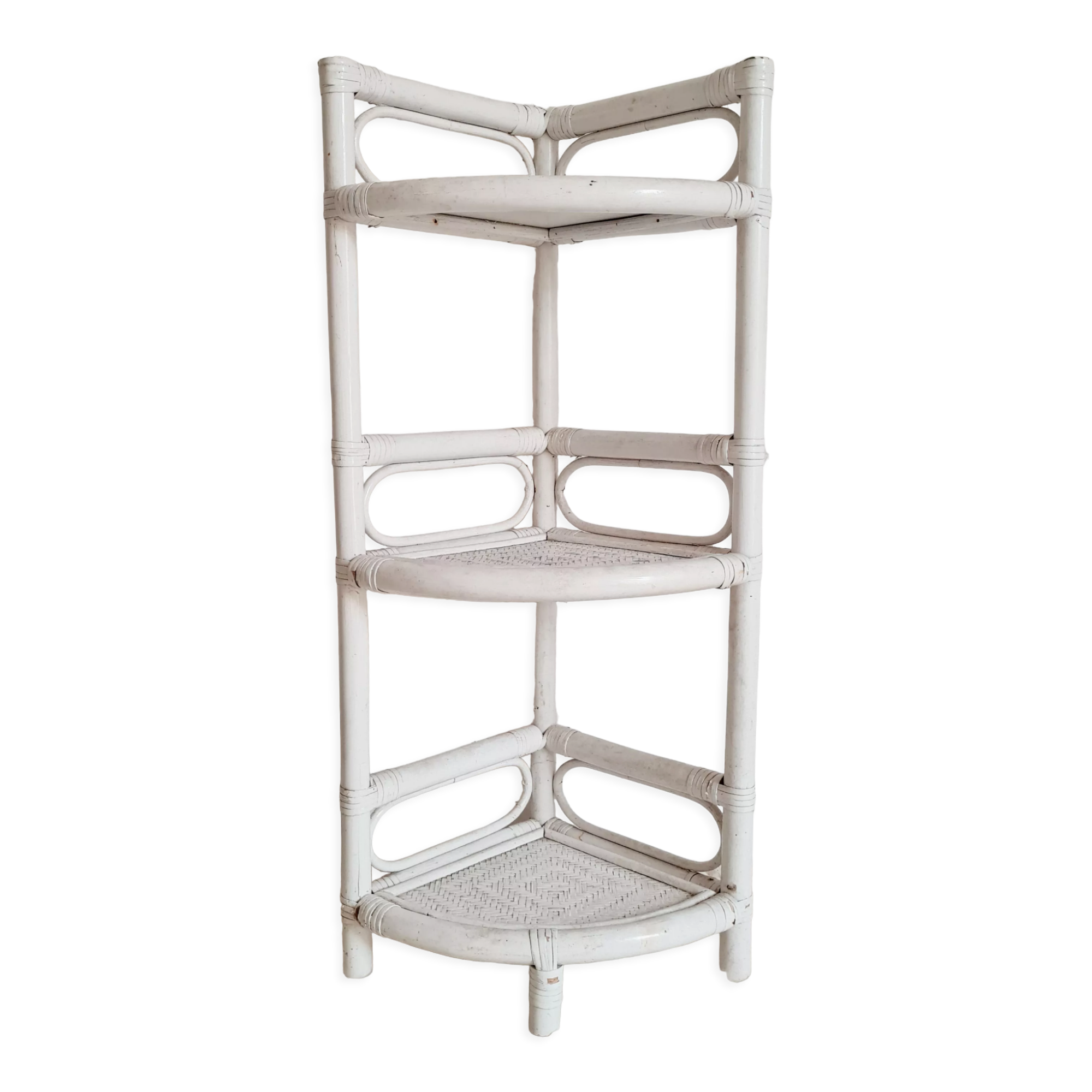 Etagère d'angle vintage en rotin blanc