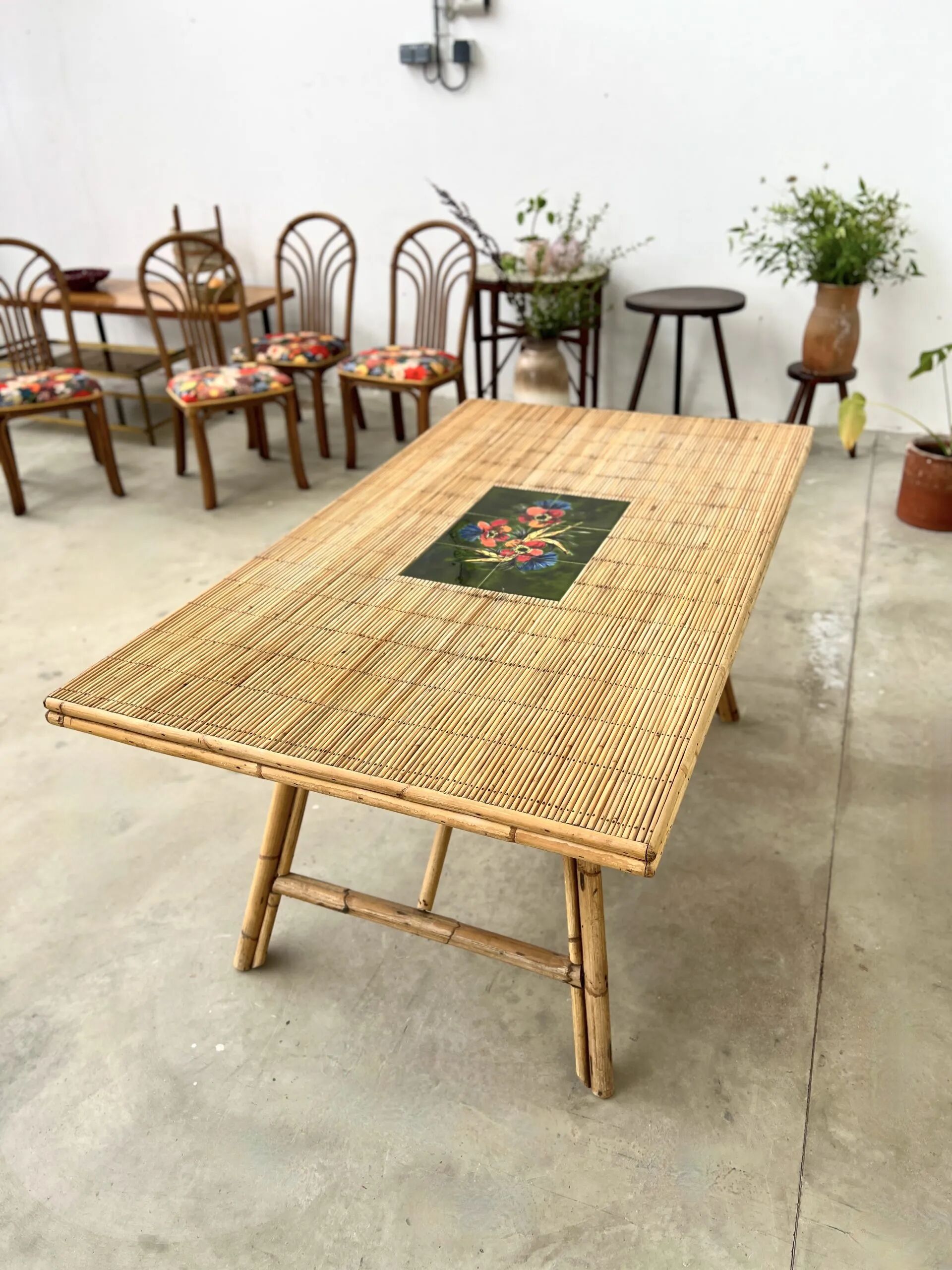 Audoux Minet bamboo rattan ceramic dining table, signed La Roue Vallauris