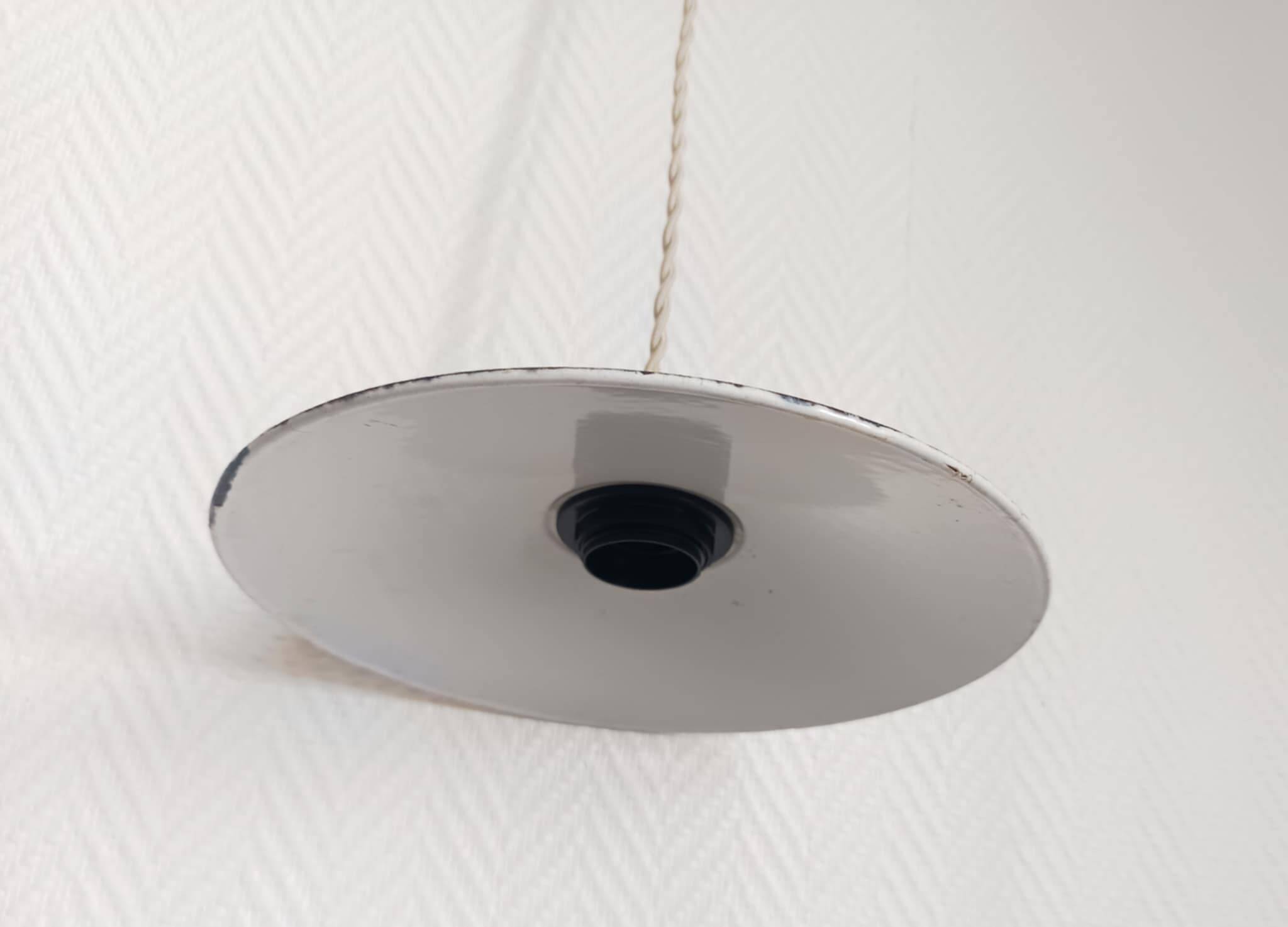 Pair of vintage enamelled sheet metal industrial pendant lights