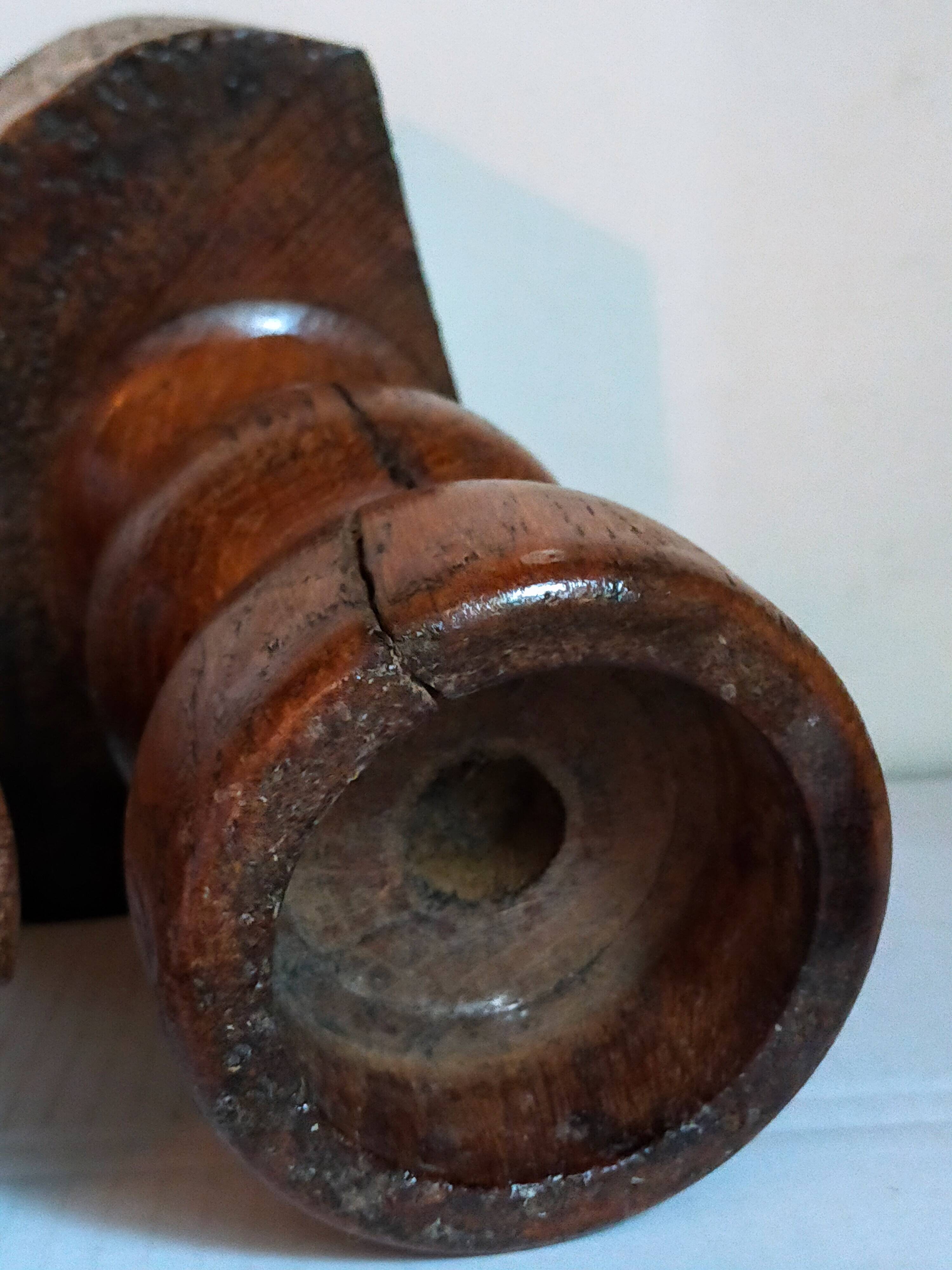 Pair of old brutalist turned solid wood candlesticks