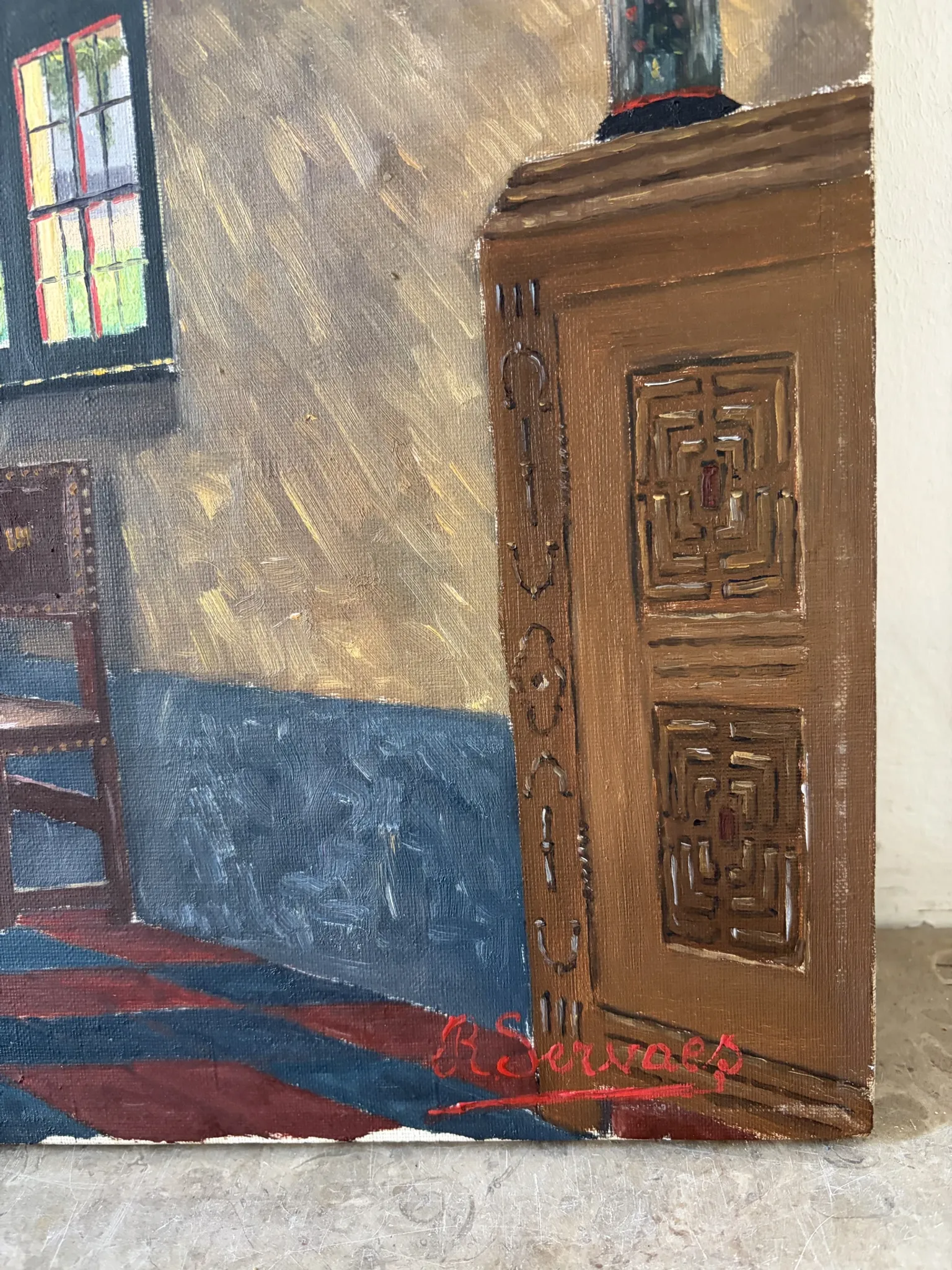 Interior of a Flemish house, oil on canvas signed