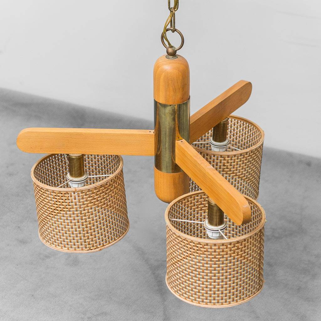 Rattan chandelier with 3 lights, 1970s vintage modernism