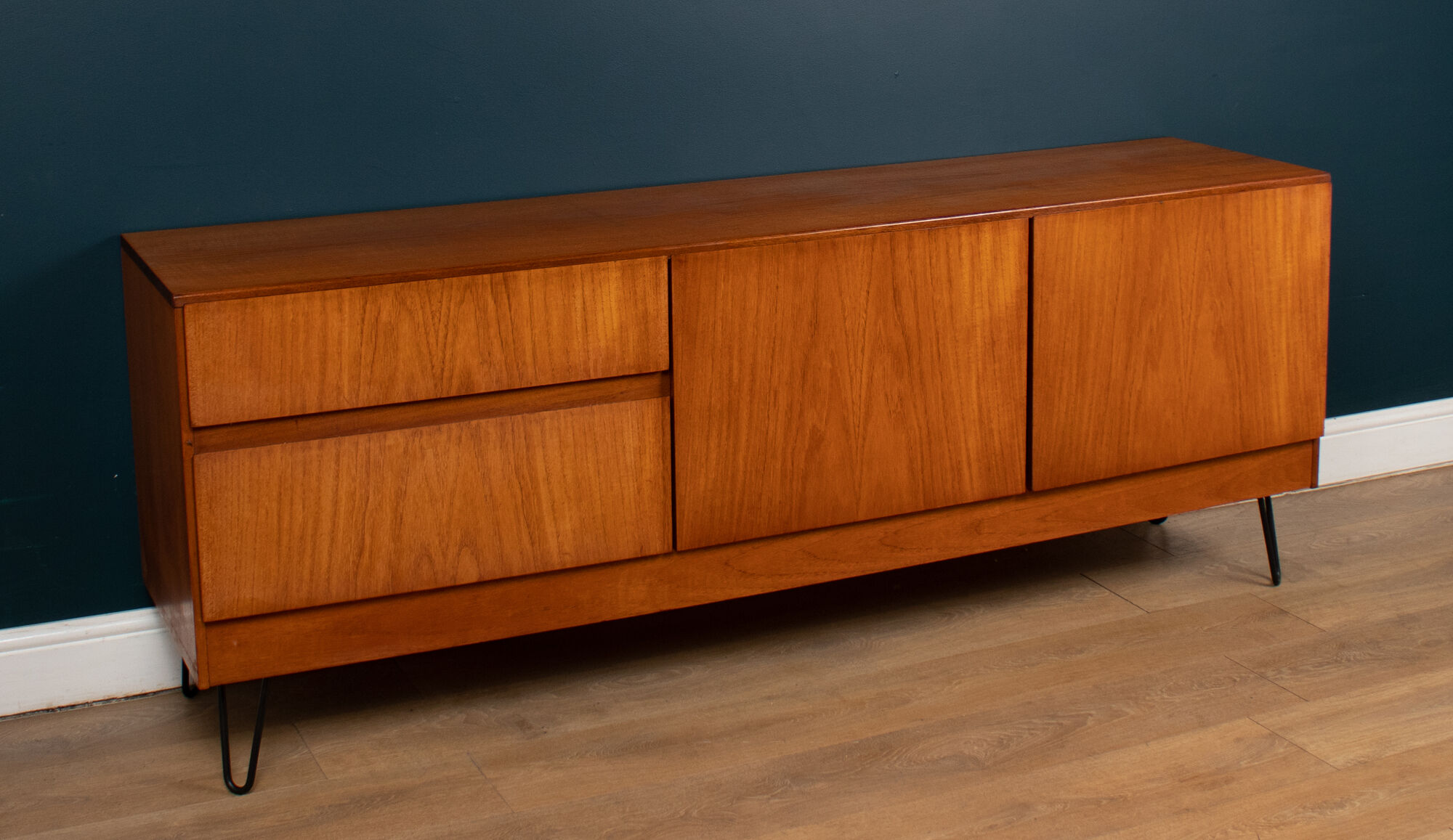 Retro Teak 1960s White & Newton Style S Form Sideboard Cabinet On Hairpin Legs