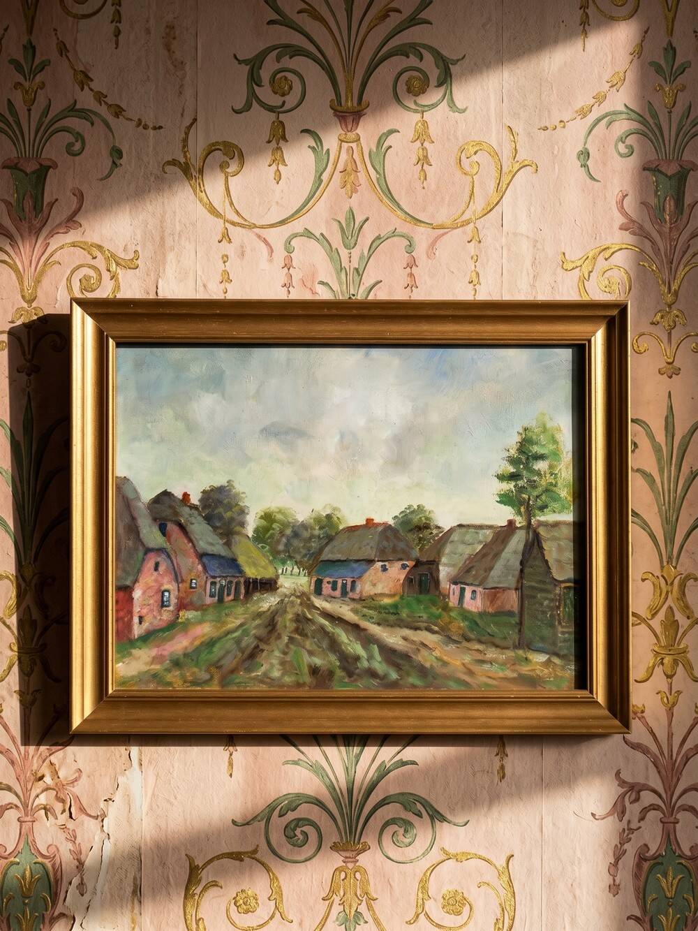 Oil on panel small rural village, vintage framed painting from the 1950s-1970s.