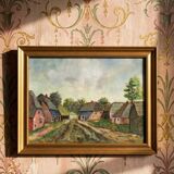 Oil on panel small rural village, vintage framed painting from the 1950s-1970s.
