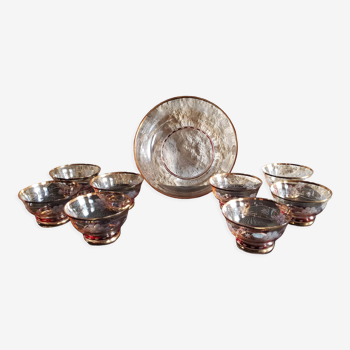 Salad bowl and 8 cups gold and red edge