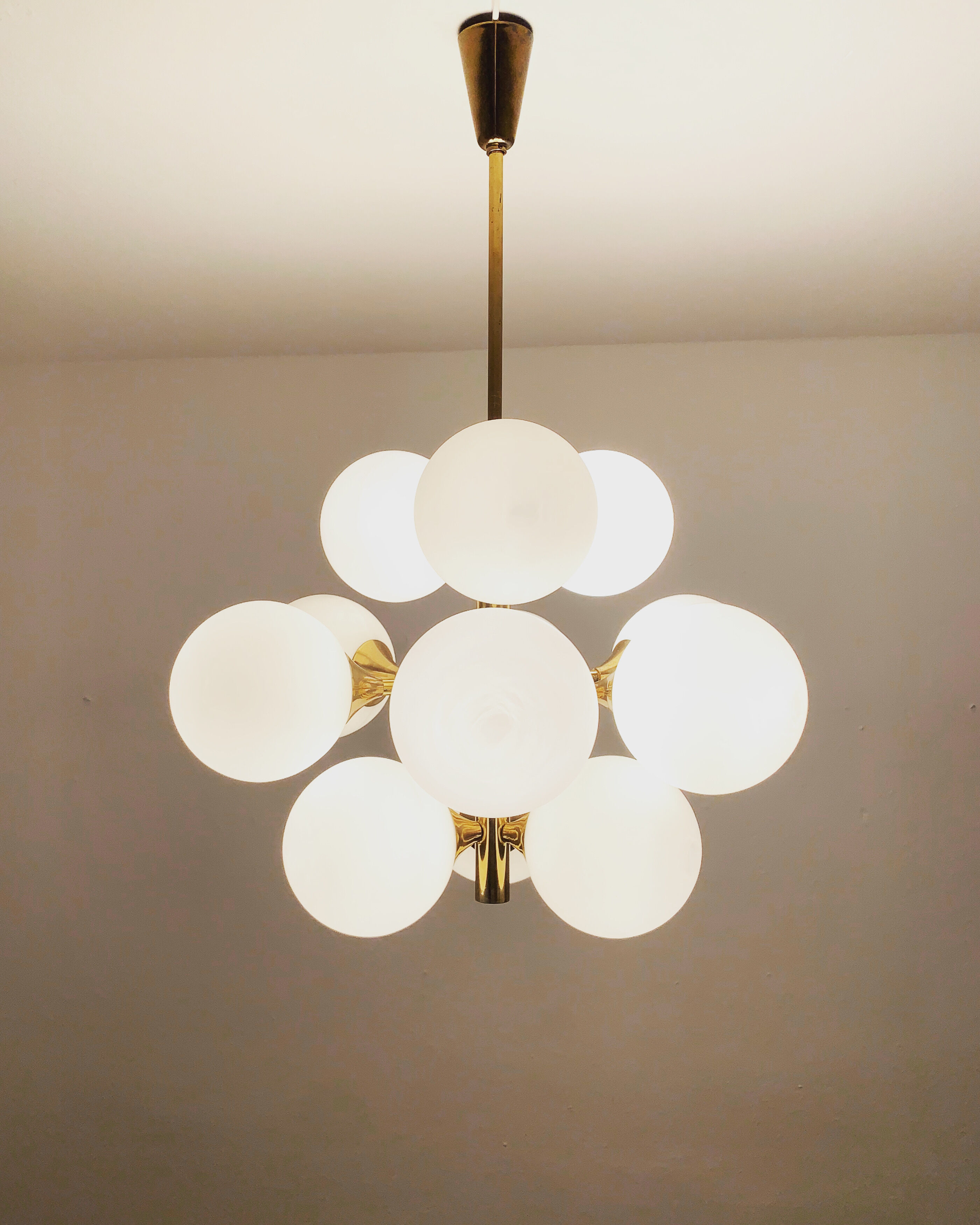 Mid-Century Modern brass and opaline glass Sputnik chandelier