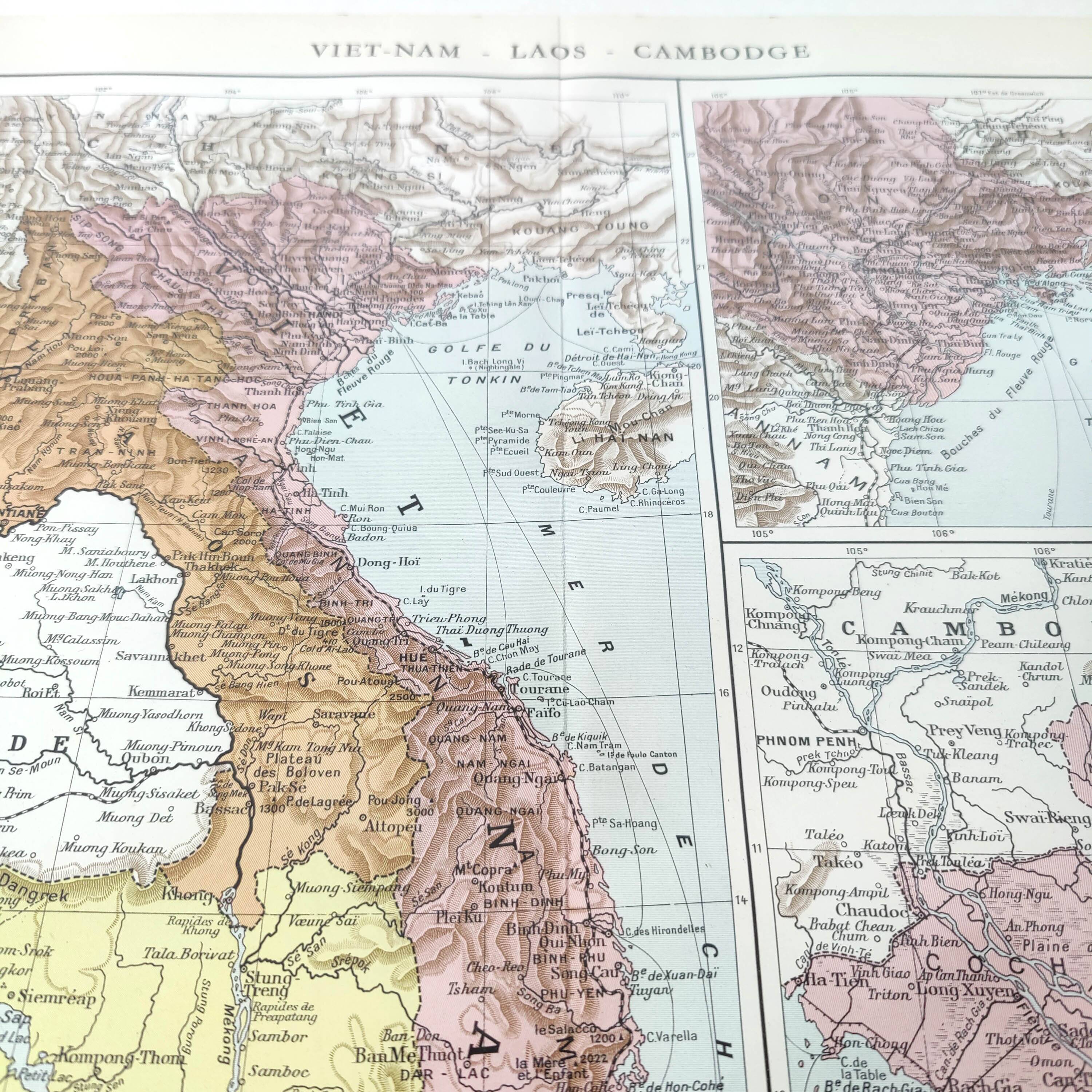 Old map Vietnam Laos Cambodia Asia 43x43cm from 1950