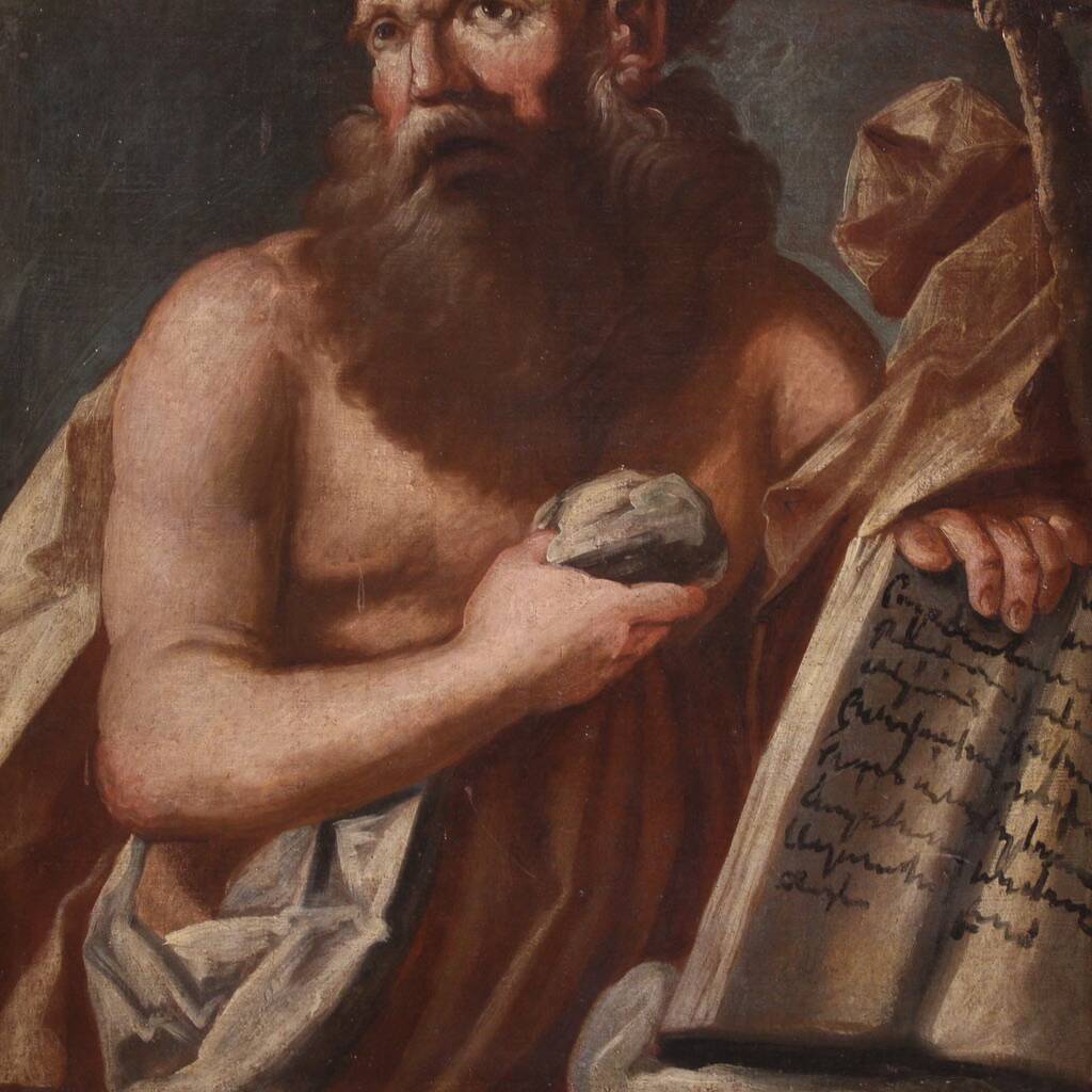 Antique religious painting from the 17th century, Penitent Saint Jerome