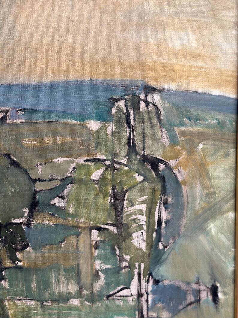 Original Swedish Oil on Canvas – “Abstract Landscape” by S. Hamlet – Dated 1960 – Vintage and Framed – 66 × 48 cm (26" × 18.9")