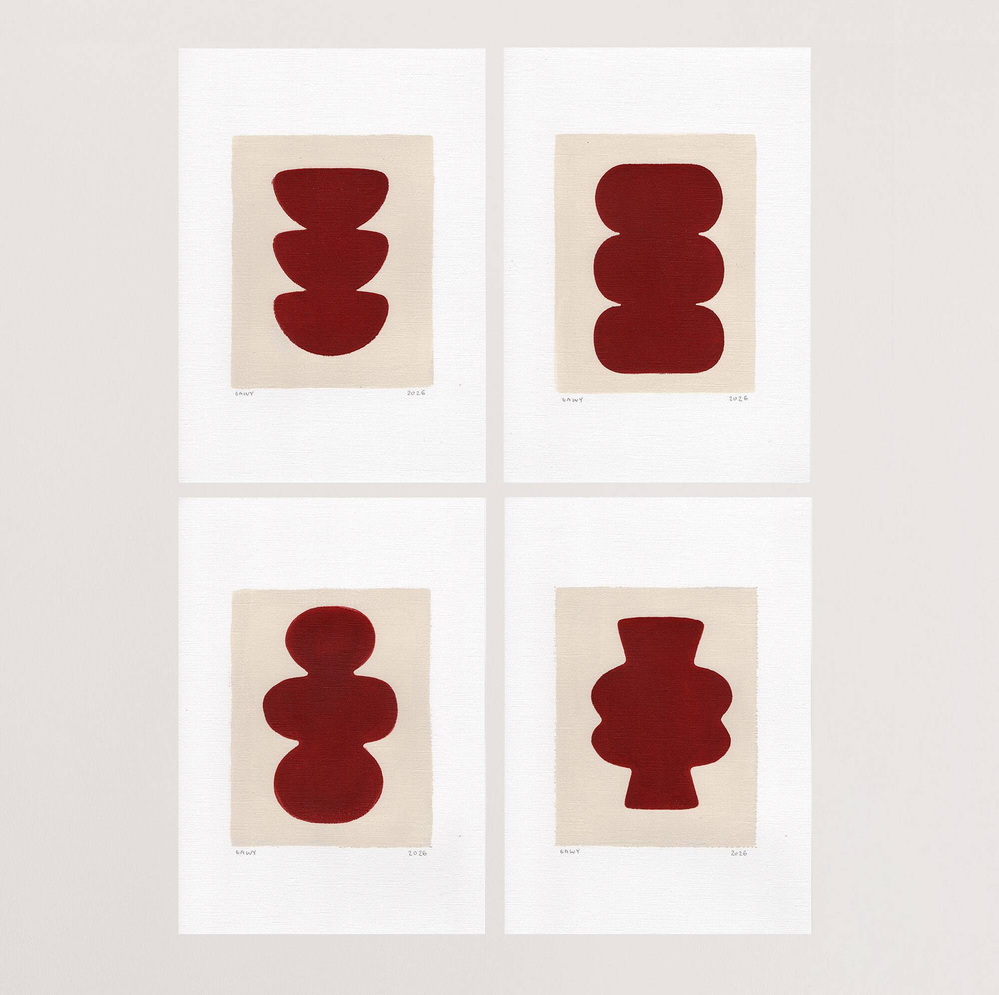 Collection de 4 peintures abstraites sur papier col.bordeaux signées Eawy