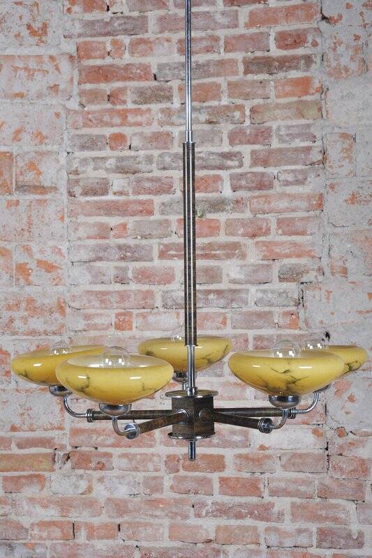 Art Deco Chandelier in Chrome and Beech, Czech, 1920s