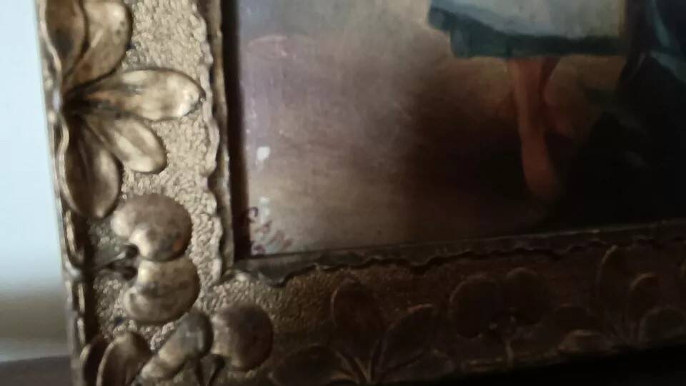 Peinture sur panneau à cadre paysan doré signée 1915