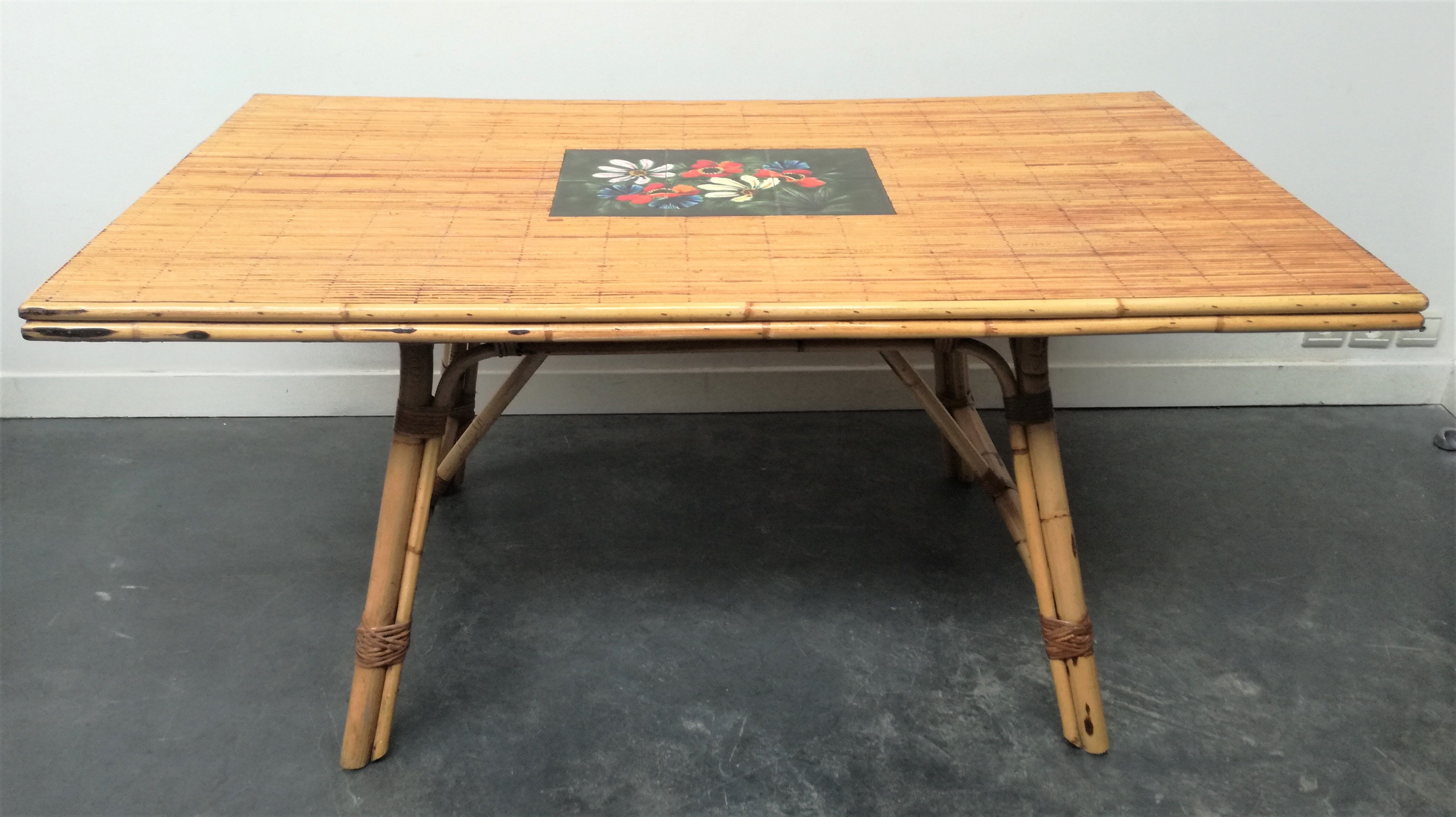 Dining table 1950 Vallauris rattan rush